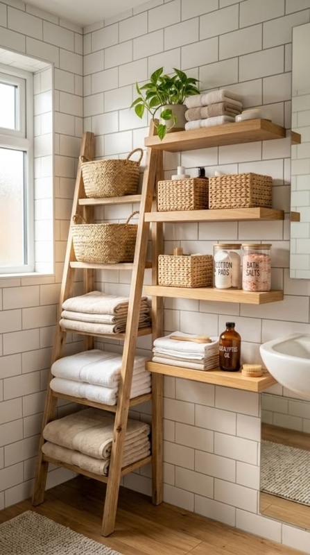 Small Bathroom Ladder Shelf Ideas & Floating Wood Storage