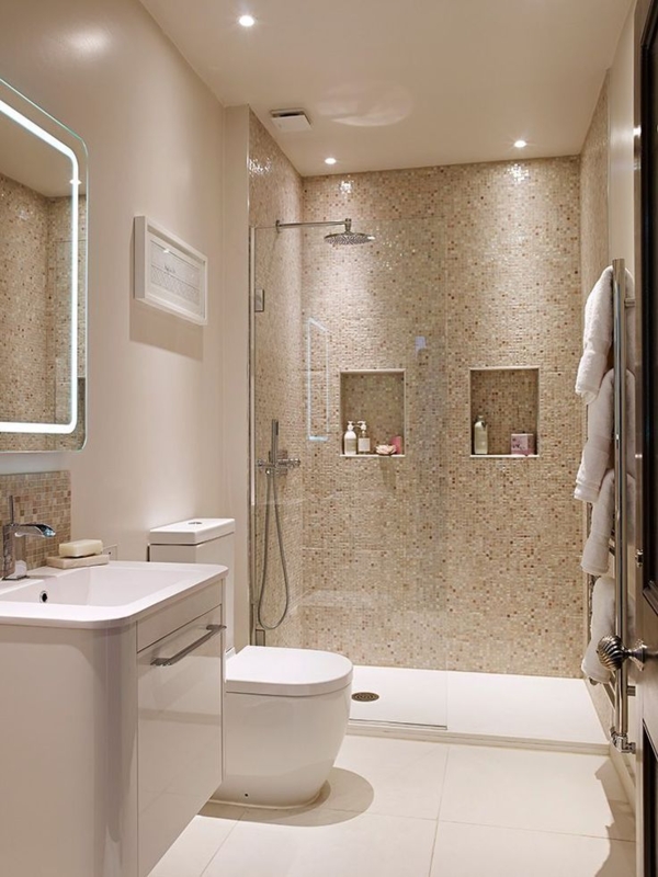 Small Bathroom Layout with Mosaic Shower Wall and Integrated Niches
