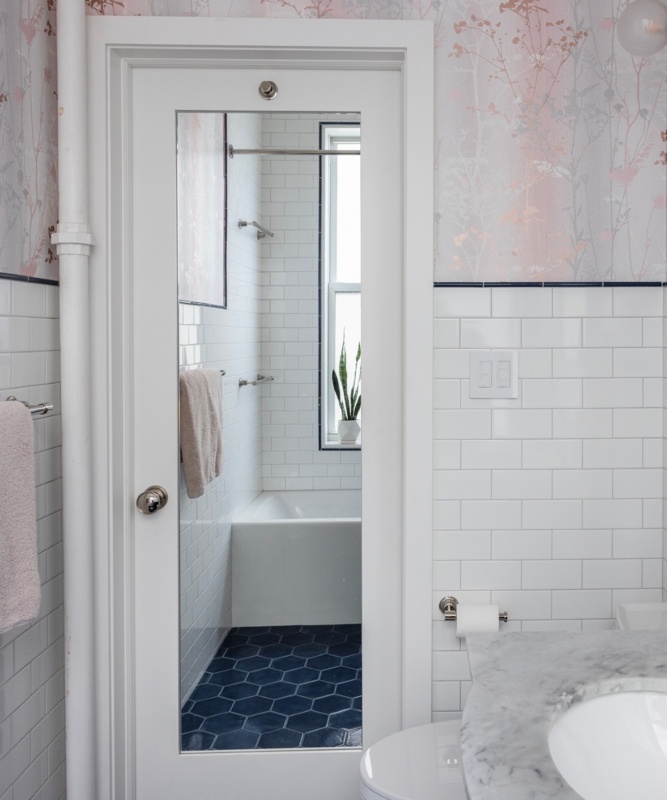 Small Bathroom Mirrored Door, Navy Hex Flooring. Mirrored Door Idea.