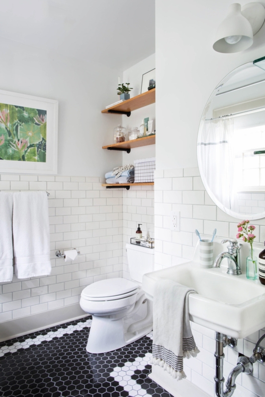 Small Bathroom Subway Tile Wainscoting with Black and White Hexagon Floor