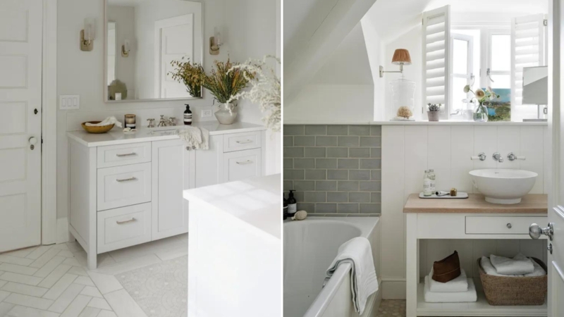 Small Bathroom Vanity Herringbone Floor, Louvered Shutters. Small White Ideas.