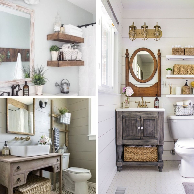 Small Bathroom Vertical Storage Ideas with Rustic Wood Floating Shelves