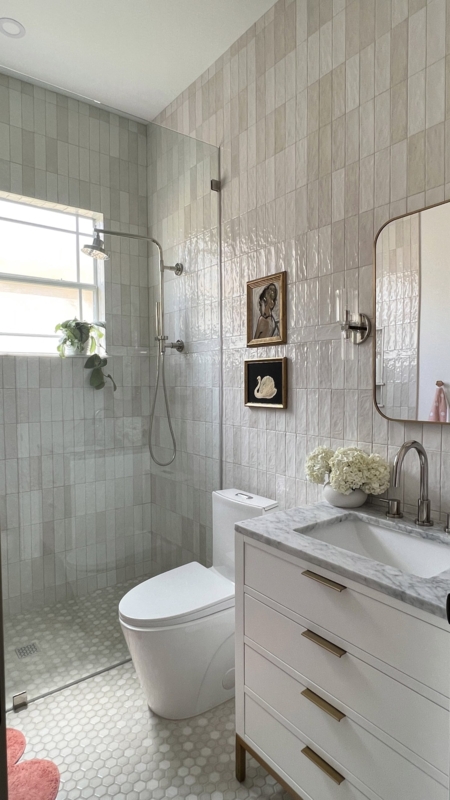 Small Bathroom Vertical Tile Ideas with Zellige Texture and Brass