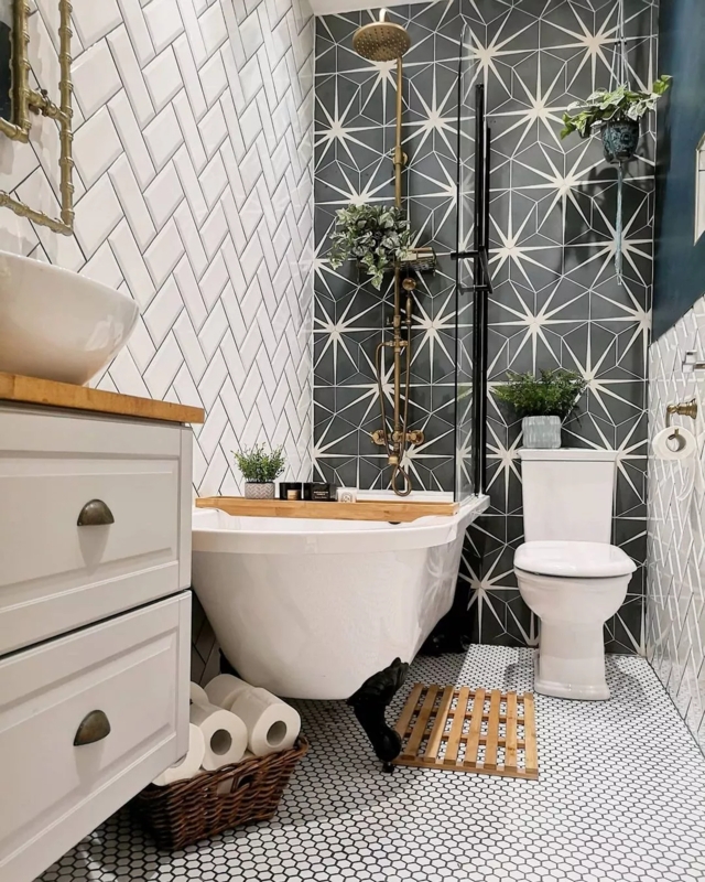 Small Bathroom with Mixed Herringbone and Starburst Tile Patterns