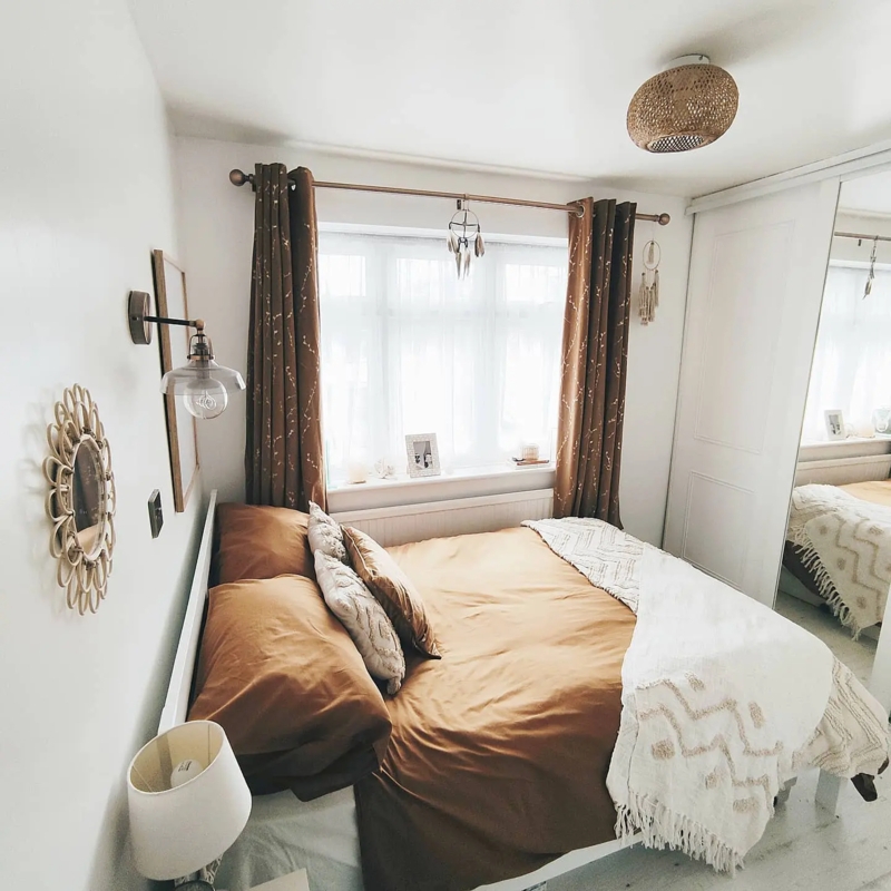 Small Bedroom Boho Decor Ideas with Mirrored Wardrobe and Rattan Lighting