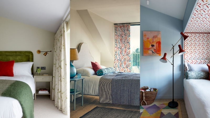 Small Bedroom Designs: Patterned Curtains and Multi-Head Floor Lamp