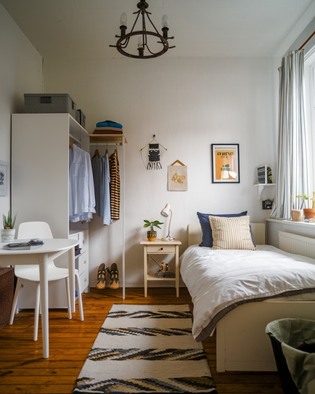 Small Bedroom Layout with Compact Workspace and Open Closet