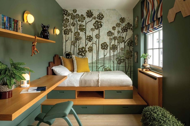 Small Bedroom with Integrated Platform Bed and Botanical Wall Mural