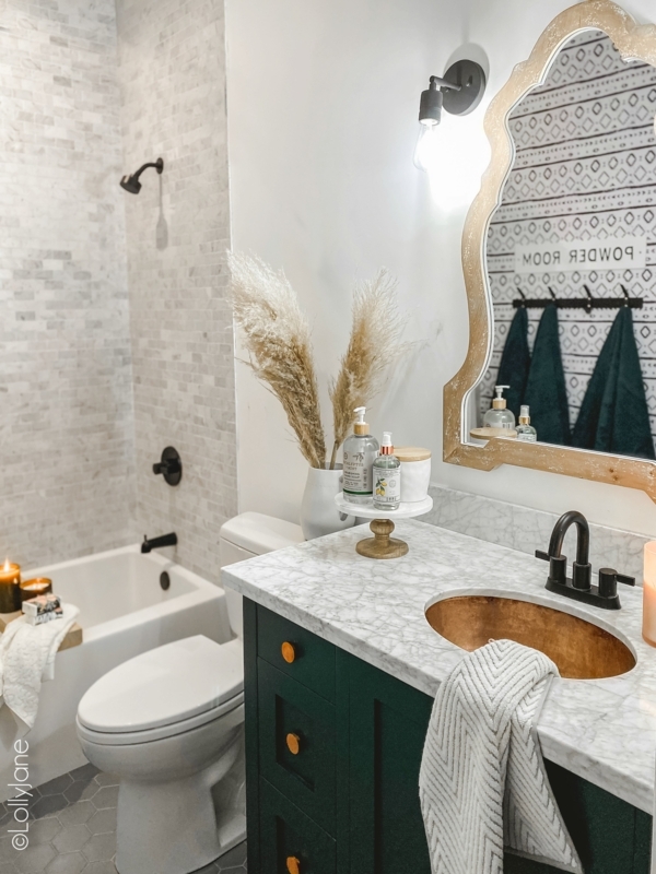 Small Boho Farmhouse Bathroom with Scalloped Gold Mirror and Hammered Sink