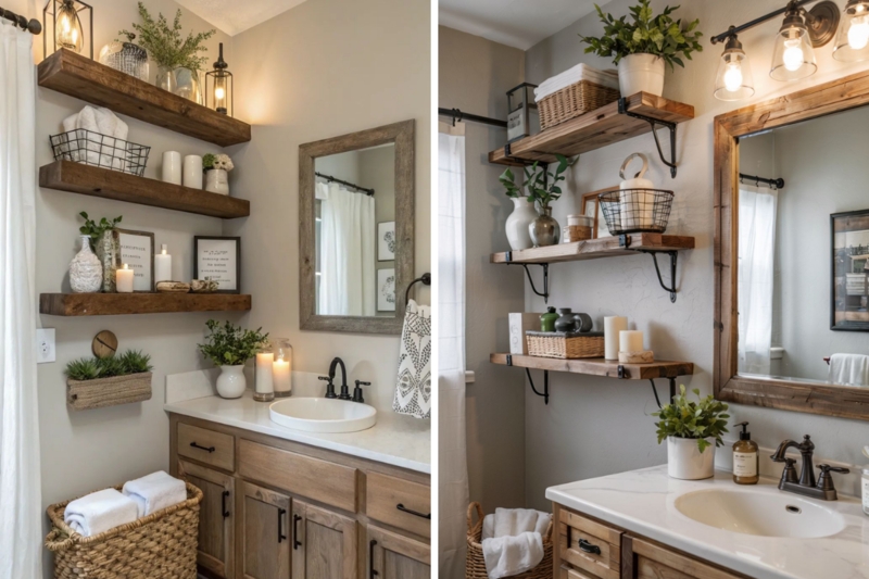 Small Farmhouse Bathroom: Rustic Wood Vanity & Floating Shelves