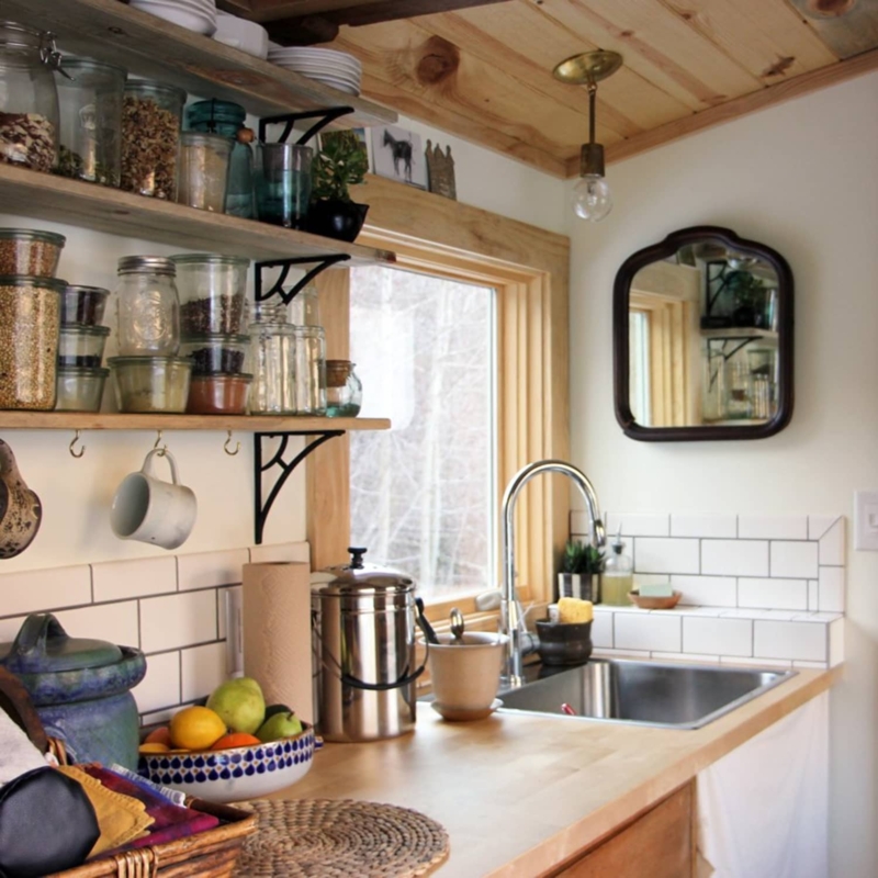 Small Farmhouse Kitchen with Butcher Block Countertop & Open Shelving