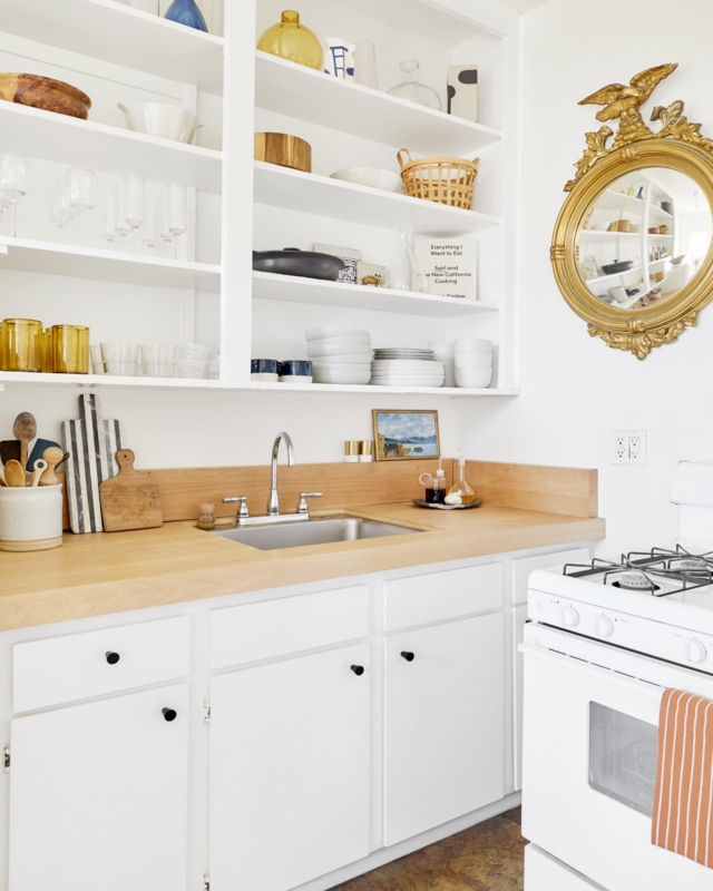 Small Kitchen Design with Open Shelving & Ornate Gold Mirror