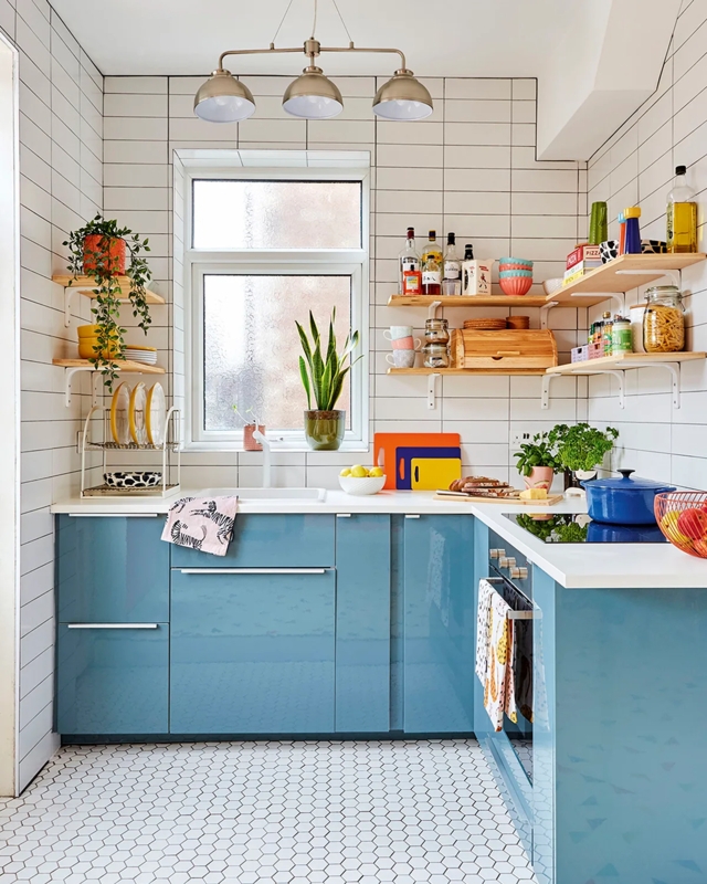 Small Kitchen featuring Glossy Blue Cabinets and Hexagon Mosaic Flooring