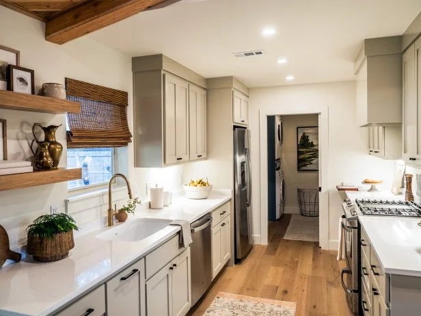 Small Kitchen Renovation with Greige Cabinets and Bamboo Roman Shade