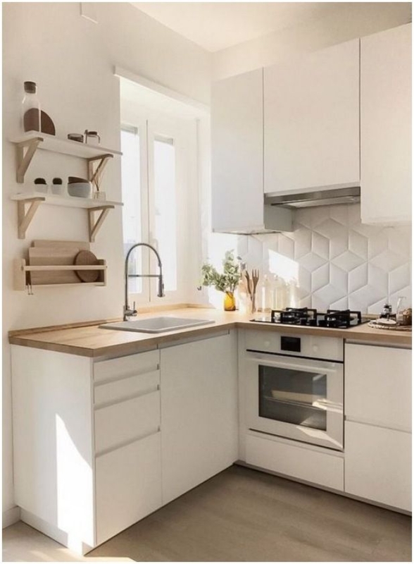 Small L-Shaped Kitchen Layout featuring Geometric 3D Backsplash Tile