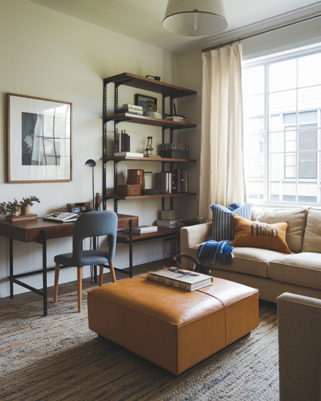Small Living Room Office Combo featuring Integrated Desk Shelving unit