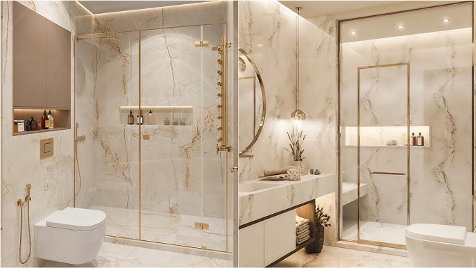 Small Luxury Bathroom with Floor-to-Ceiling Marble & Gold Hardware