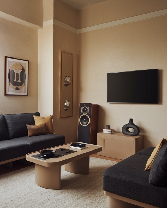 Small Minimalist Living Room featuring Monolithic Coffee Table design
