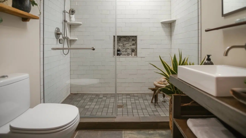 Small Modern Walk-In Shower: Glass Partition & White Subway Tile