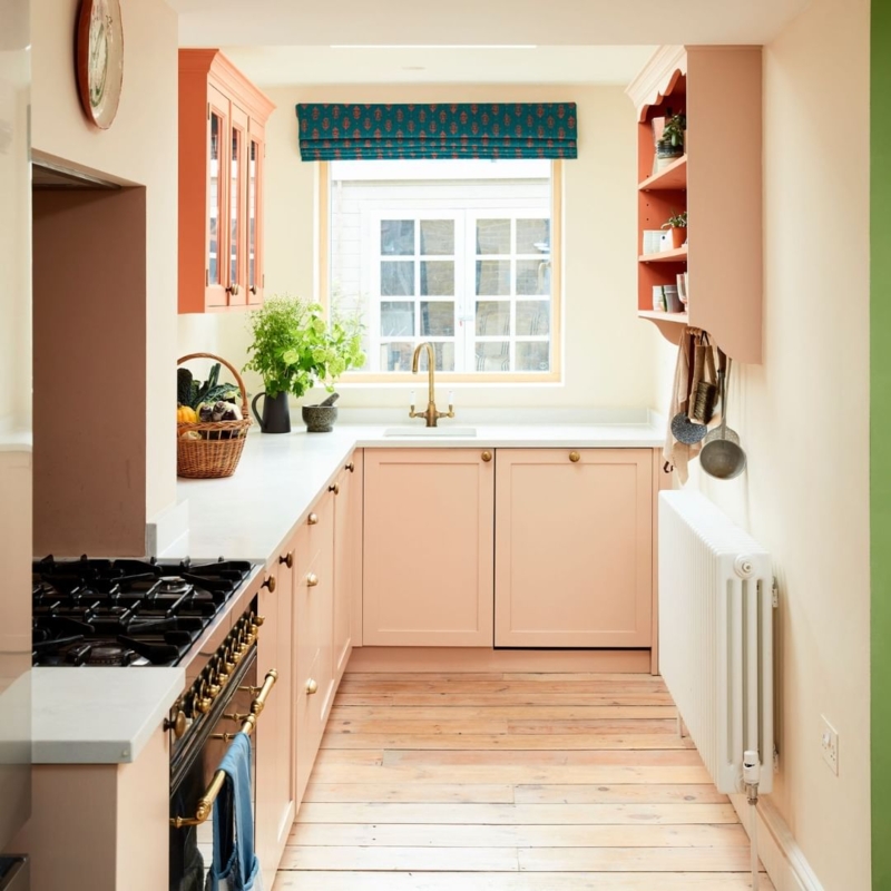 Small Peach Galley Kitchen with Teal Roman Shade & Scalloped Trim