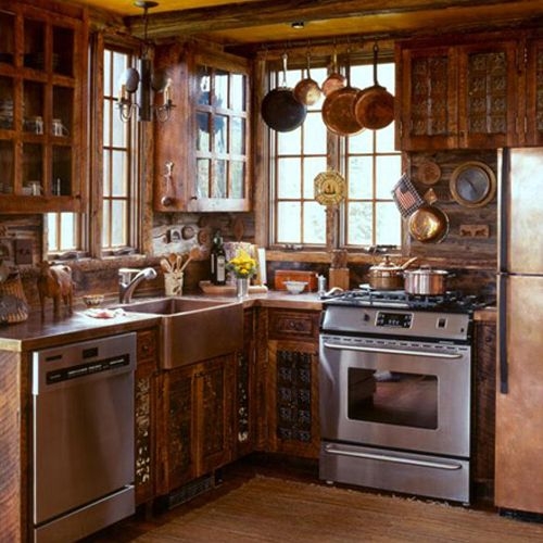 Small Rustic Cabin Kitchen Distressed Wood Cabinets Copper Apron Sink