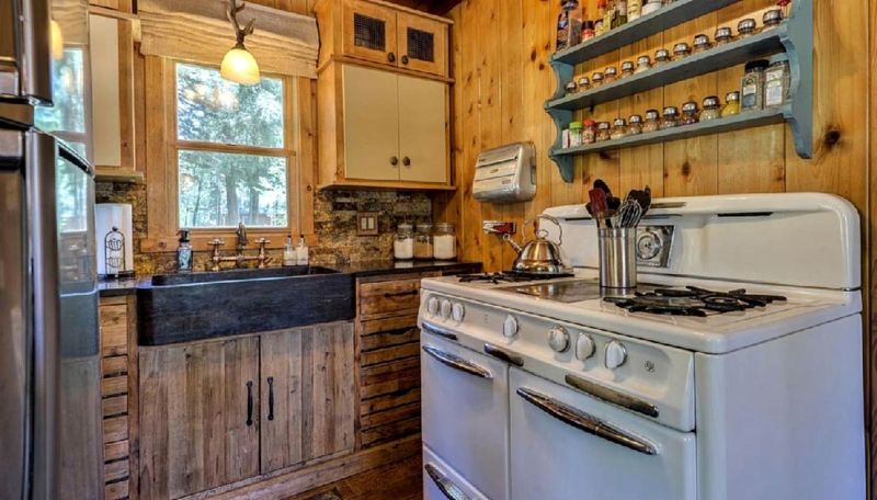 Small Rustic Cabin Kitchen Vintage White Range Wood Planked Walls