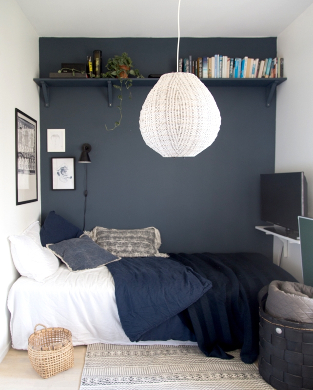 Small Space Bedroom with Tonal Shelving and Oversized Woven Pendant
