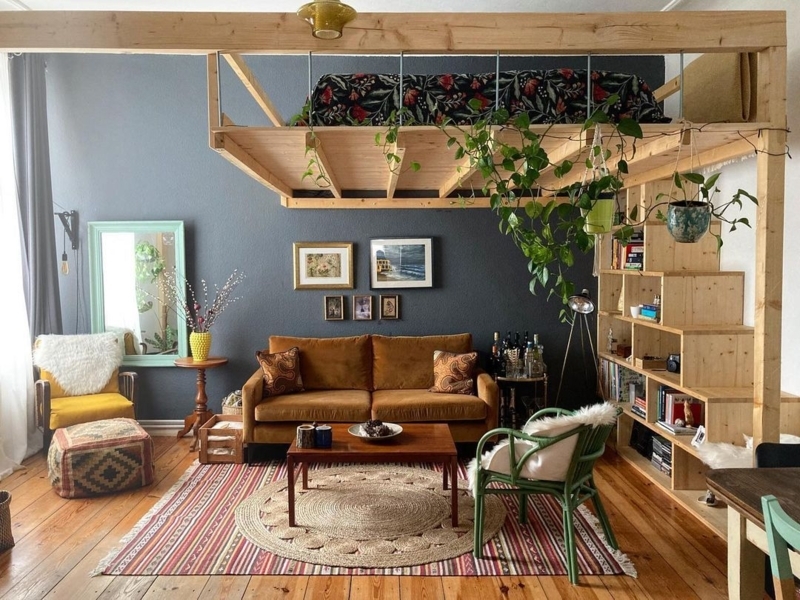 Small Space Loft Bed Living Room with a Bookshelf Staircase