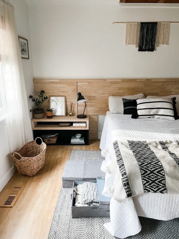 Small Space Under Bed Storage Integrated Wood Headboard Scandinavian