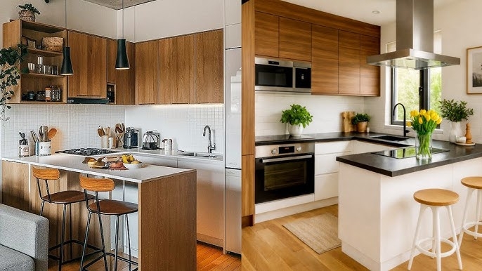 Small U-Shaped Kitchen Layout with Wood Cabinets & Peninsula