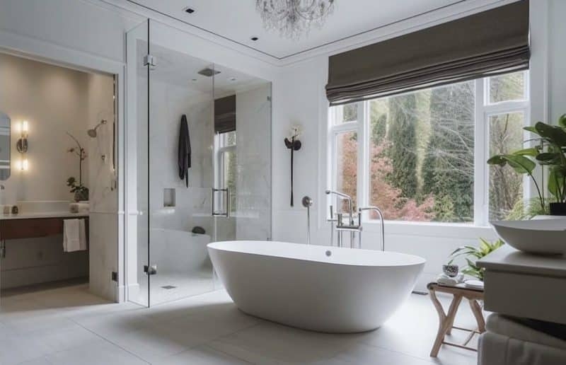 Soaking Bathtub in Minimalist Layout with Picture Window