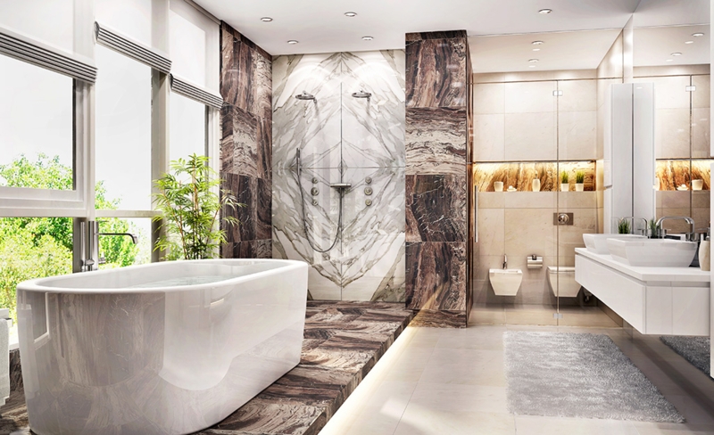 Soaking Bathtub with Book-Matched Marble & Windows