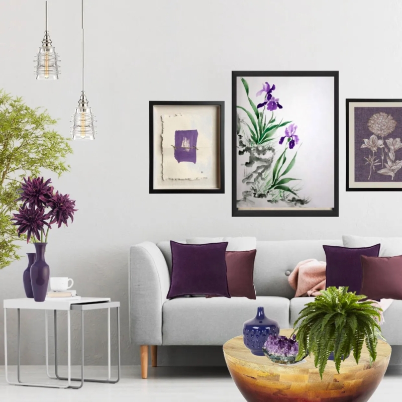 Sofa Botanical Gallery Wall Ideas Purple Monochromatic Accents