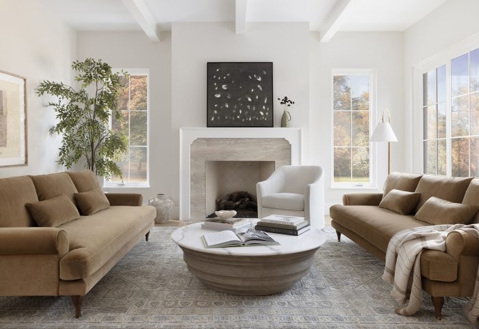 Sofa Camel Velvet Symmetrical Layout with Tiered Stone Table.