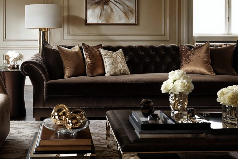 Sofa Chocolate Velvet Button Tufting with Gold Metallic Accents.