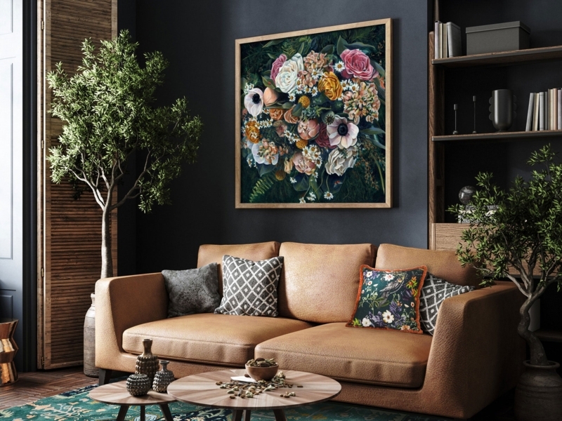 Sofa Cognac Tan Leather with Large Floral Painting in Moody Interior