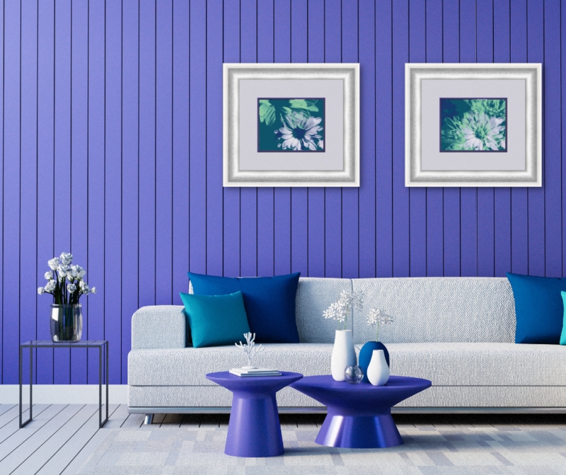 Sofa Contemporary White Purple Paneled Wall Conical Pedestal Tables