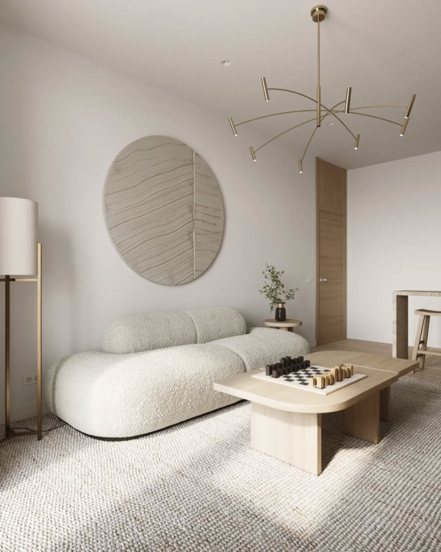 Sofa: Curved Boucle Sofa Styling Ideas with Modern Brass Chandelier.