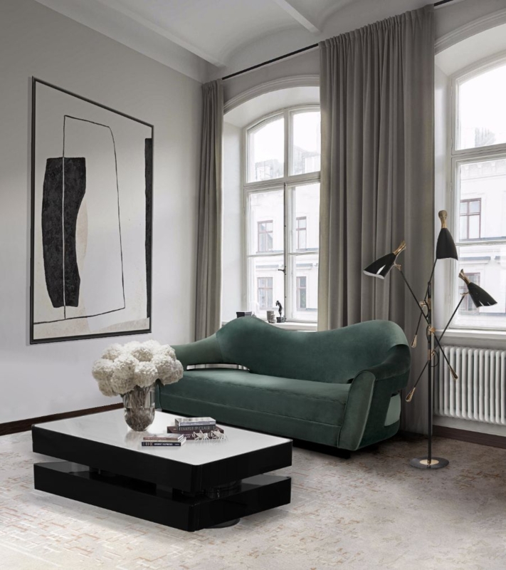 Sofa Curved Emerald Green Velvet Tiered Base Modern Floor Lamp