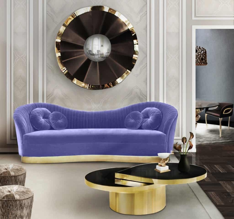 Sofa Curved Velvet Styling Tiered Gold Coffee Table