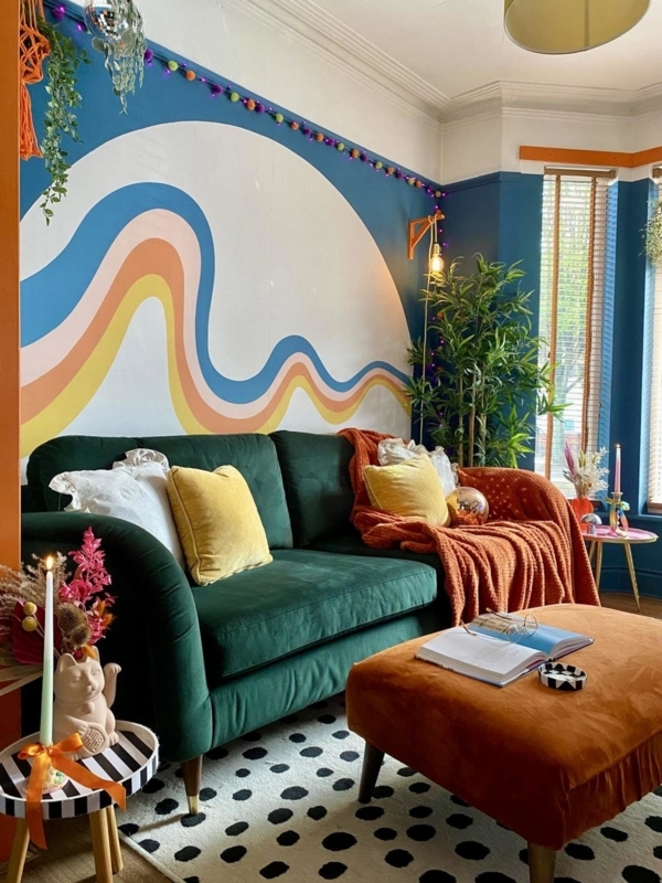 Sofa Forest Green Velvet with Retro Wavy Mural and Polka Dot Rug
