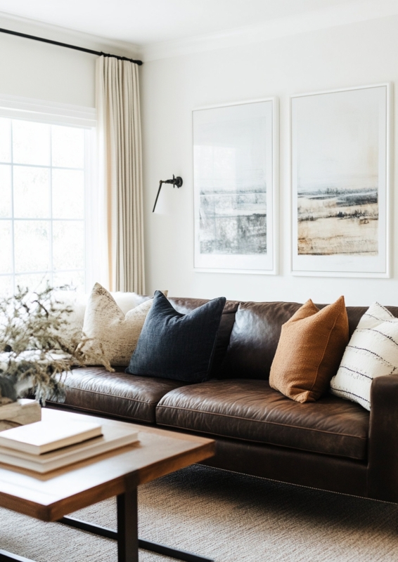 Sofa Leather Like with Oversized Landscape Art in Transitional Room.