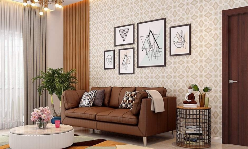 Sofa Leather Like with Wood Slat Accent Wall and Wallpaper.