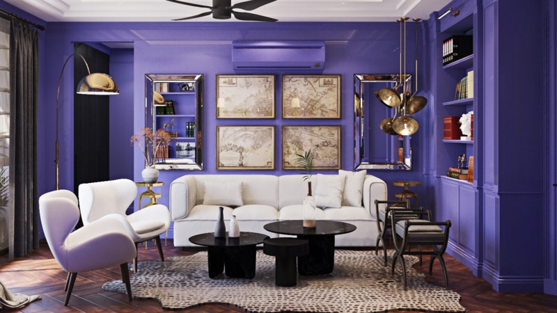 Sofa Maximalist Purple Living Room Design Leopard Print Rug