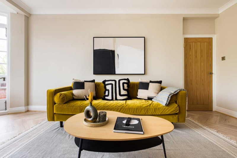 Sofa Mustard Yellow Velvet, Bolster Pillows, Herringbone Floor Styling