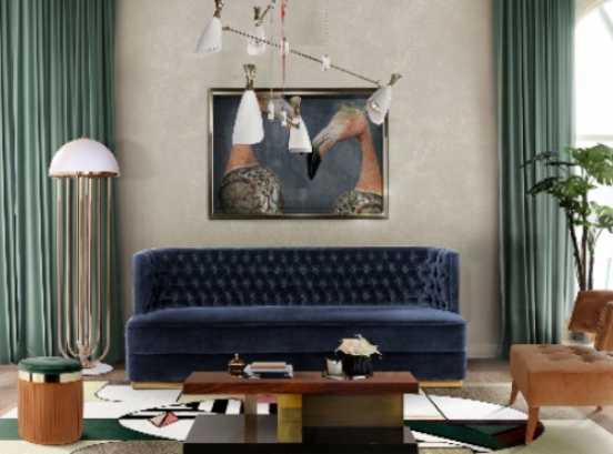 Sofa Navy Blue Tufted Velvet Teal Curtains Living Room Decor