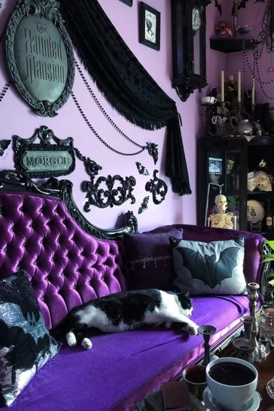 Sofa: Purple Velvet Tufted Back Gothic Living Room Decor Inspiration