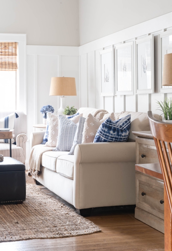 Sofa Styling with Board and Batten Walls and Shibori Pillows