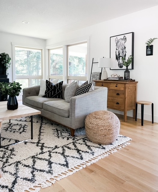 Sofa with Geometric Shag Rug, Jute Pouf & Black and White Graphic Pillows