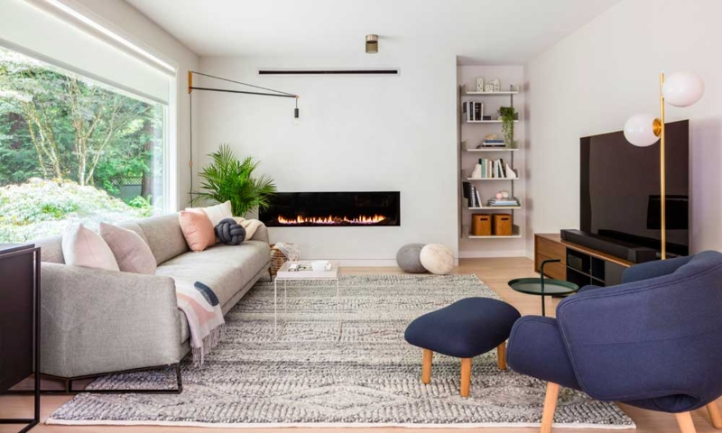 Sofa with Linear Fireplace Wall, Navy Accent Chair & Scandi Textured Rug